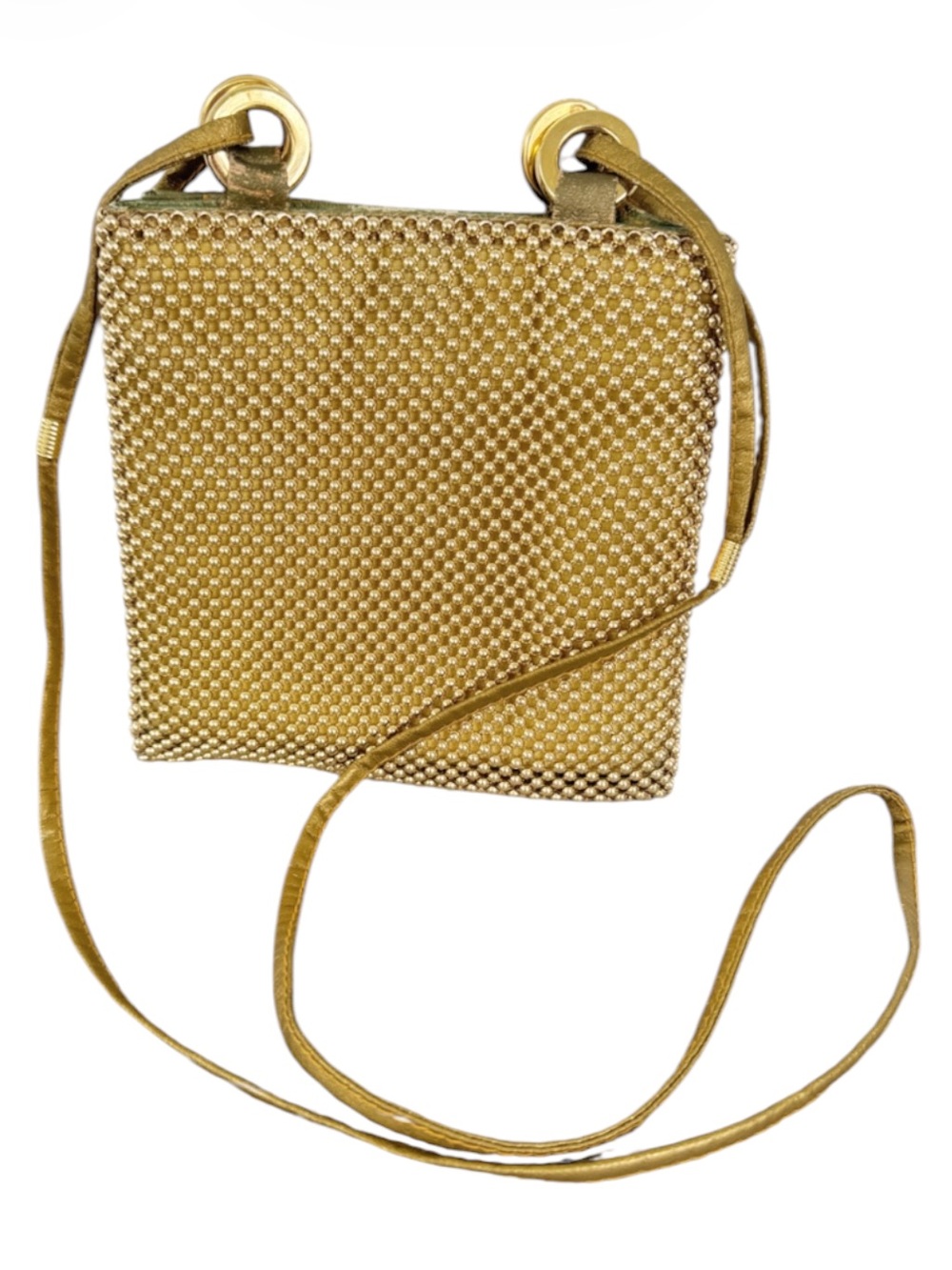Vintage metallic gold beaded mesh ring hardware vegan leather crossbody bag